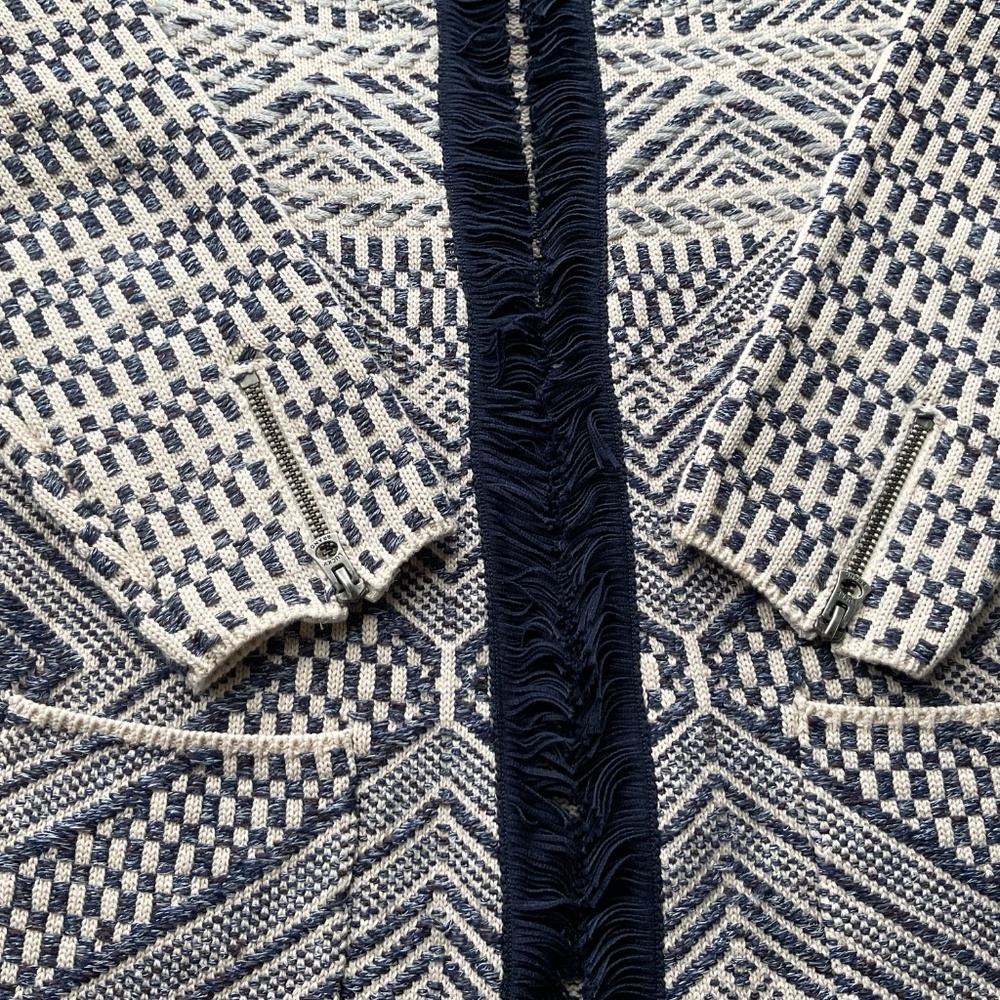 Lucky Brand Open Front Cardigan Women Medium Blue Cream Woven Fringe Aztec - Picture 14 of 16